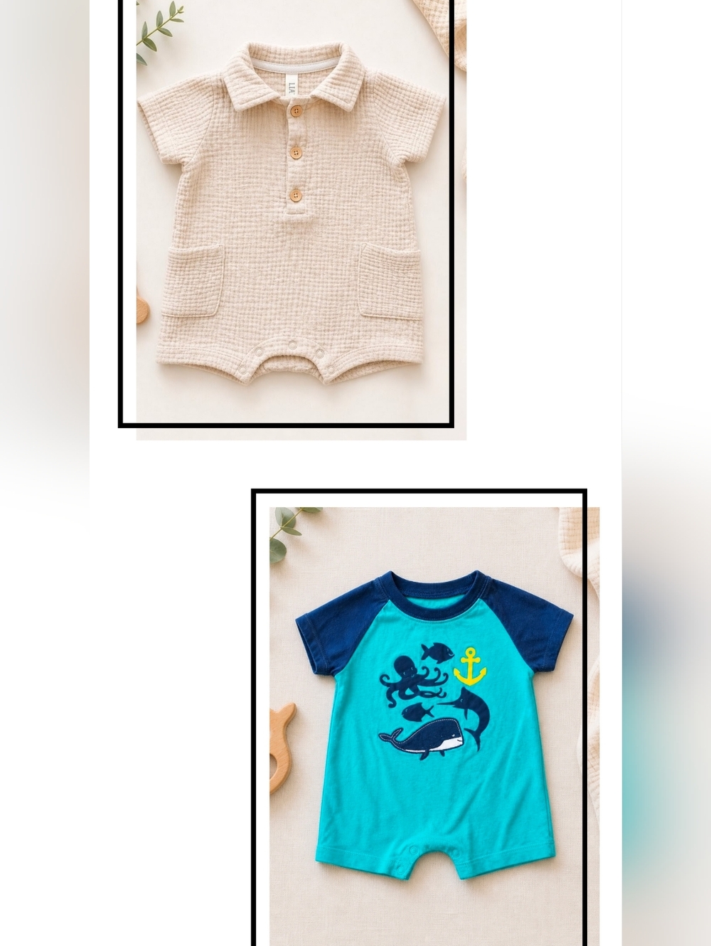 Newborn Baby Short-Sleeve Beige Waffle-Knit & Turquiose Ocean Print Rompers 3M